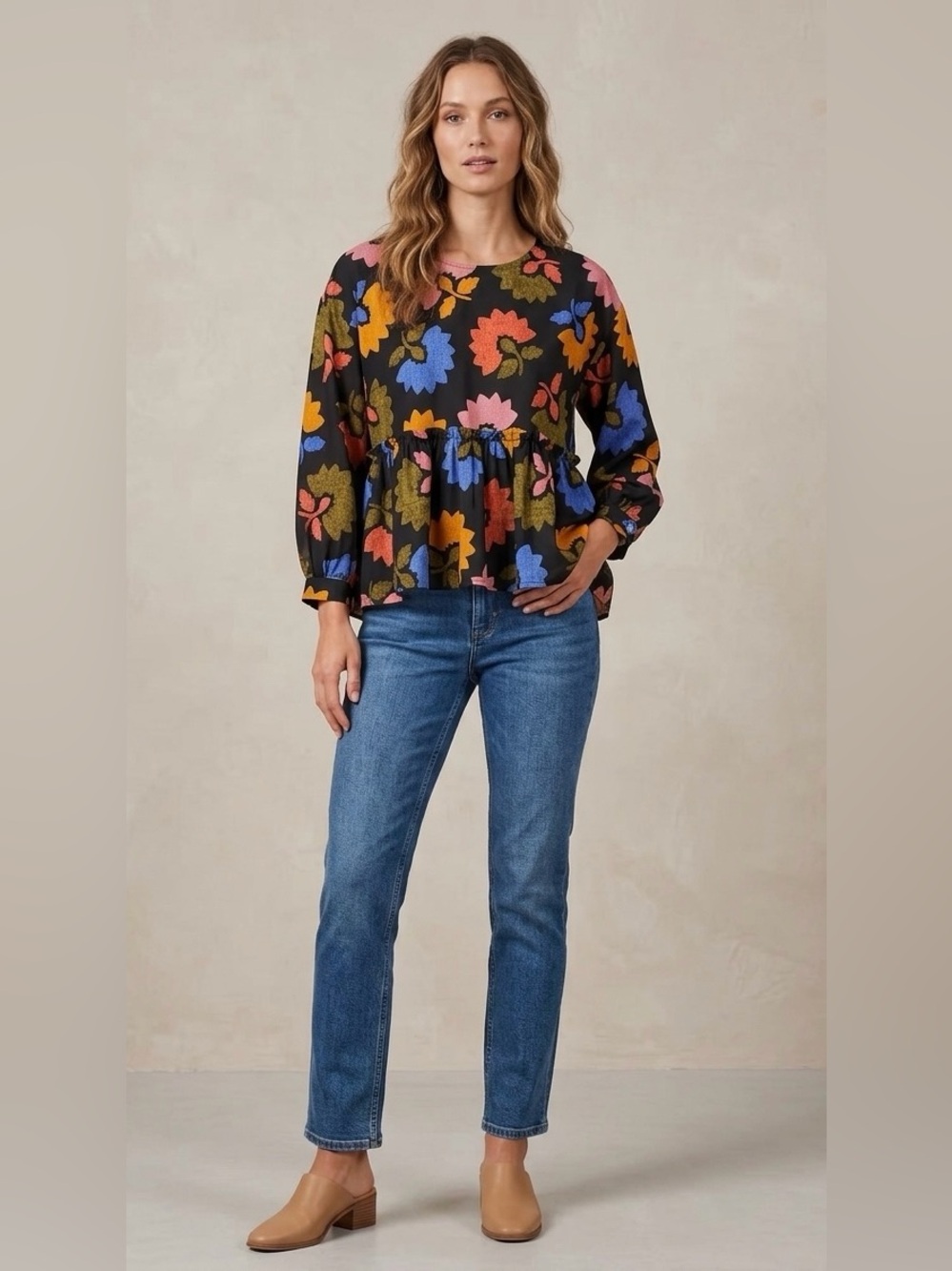 NWOT J.Marie Collections Avery Long Sleeve Black Colorful Floral Peplum Blouse S